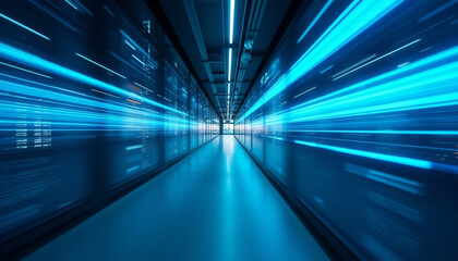 Abstract Fast Blue Light Streaks in a Modern Server Room Corridor
