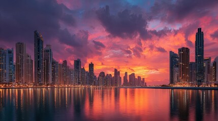 Fototapeta premium Side view of a vibrant city skyline at sunset, vibrant colors and unique architecture