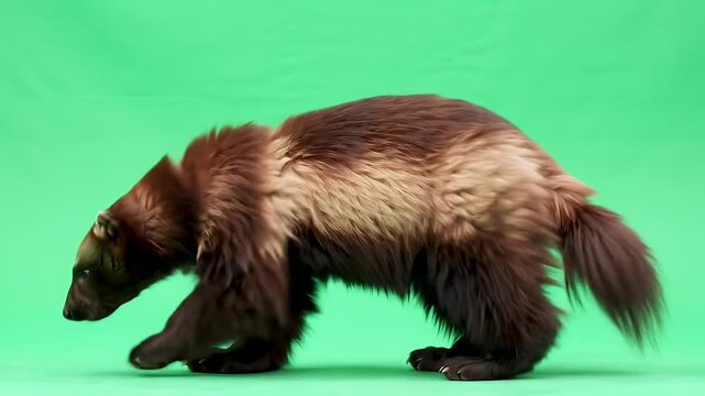 Majestic Wolverine (Gulo Gulo) Walking in Profile Against a Vibrant Green Screen Background, Isolated for Digital Compositing
