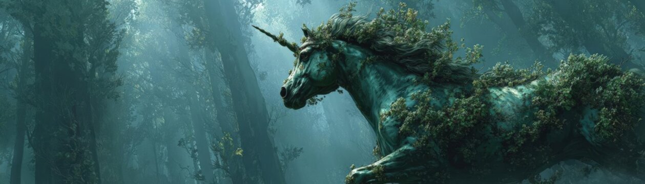Side view of a galloping mythical creature across a vast, mystical forest