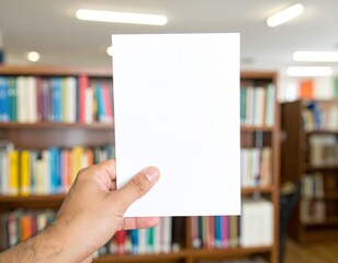 Hand Holding Blank A4 Paper Mockup: Modern Library Background. Education, Literature, Learning & Academic Content