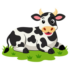 vector illustration of holstein cow, lying in grass, cartoon