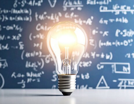 Glowing Lightbulb Against Chalkboard Equations