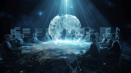Global Business Meeting of the Future: Holographic World, Digital Data, and Virtual Executives Discussing International Strategy - Powered by Adobe