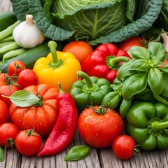 A vibrant assortment of fresh vegetables and herbs on a wooden surface, perfect for organic food promotions and healthy living. Bright lighting with ample free space for text or design