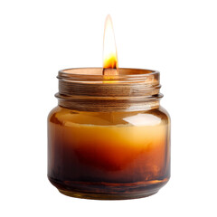 warm, glowing candle in glass jar, radiating soothing ambiance with its flickering flame. Perfect for creating cozy atmosphere in any space