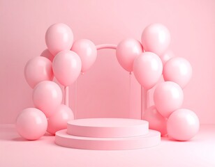 Pink balloon arch display podium