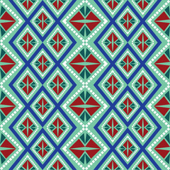 Tribal Geometric Seamless Pattern in Red and Teal, Tribal Ethnic Colorful Bohemian Pattern, Digital vintage fabric.