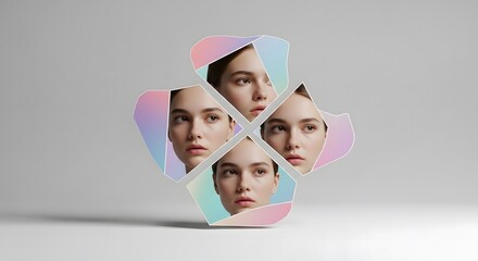Surreal portrait with quirky geometric cropping and pastel gradients, overlapping abstract shapes, cinematic lighting, modern Bauhaus digital collage, ultra detailed 8k realistic art