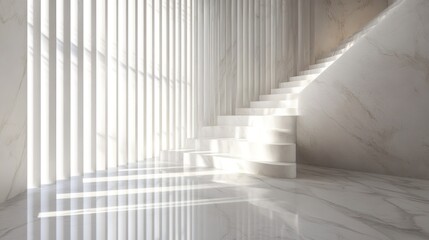 Obraz premium White marble staircase interior with bright sunlight filtering through vertical blinds