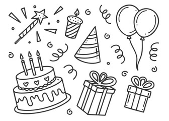 Sweet dessert vector illustration set with chocolate birthday cake, party gifts, and cupcakes
