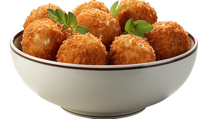 Crispy golden rice balls sit in a white ceramic bowl, studio lighting. Ideal for food product photography, restaurant menus, or cookbook design.