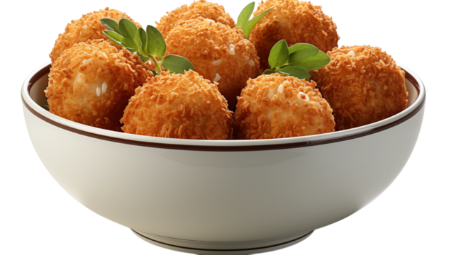 Crispy golden rice balls sit in a white ceramic bowl, studio lighting. Ideal for food product photography, restaurant menus, or cookbook design.