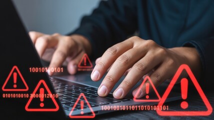 Cybersecurity threat alert with hacker typing on a laptop