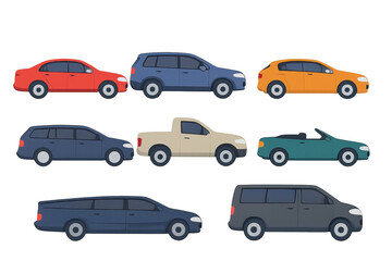 Fototapeta premium Colorful Collection of Cars and Vehicles Illustrations for Design Projects