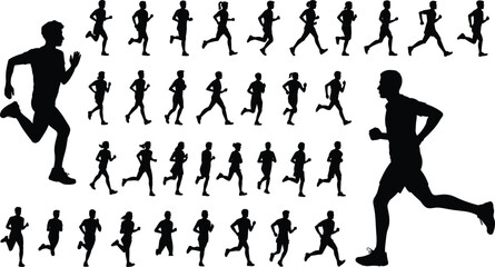 Running silhouettes collection, jogging poses, fitness icons, exercise figures, sports movement, active lifestyle, workout illustration, athlete shapes, editable vector, stock image