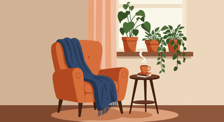 Cozy Armchair with Blue Blanket in a Relaxing Interior Scene