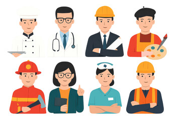 Diverse Group of Professionals in Uniforms and Attire, Cartoon Style