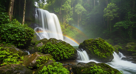 Majestic waterfall flowing through lush green forest with rainbow in mist
