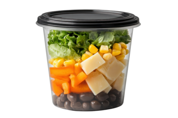 Fresh Salad in a Cup: A colorful, appetizing pre-packaged salad with fresh ingredients is ready for consumption.