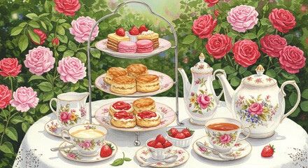 バラ咲く庭で楽しむエレガントなアフタヌーンティー

