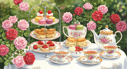 バラ咲く庭で楽しむエレガントなアフタヌーンティー

