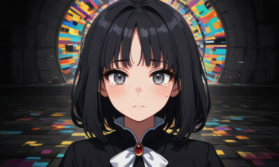 Emotional anime girl with black hair and tears, standing before a colorful stained glass window in a dark, dramatic fantasy setting filled with sorrow and heartfelt intensity.