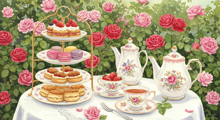 バラ咲く庭で楽しむエレガントなアフタヌーンティー

