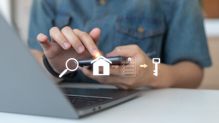 Close-up of hands using smartphone and laptop with icons of search, house, checklist, and key, representing the digital real estate process from property search to home purchase and ownership.
