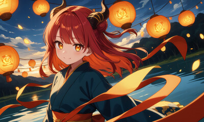 Enchanting anime girl with red horns in traditional kimono by the riverside at sunset, surrounded by glowing lanterns and flowing ribbons in a magical festival atmosphere under twilight sky.
