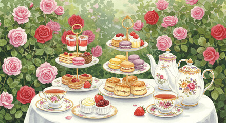 バラ咲く庭で楽しむエレガントなアフタヌーンティー

