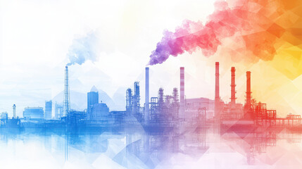 Obraz premium Vibrant industrial landscape featuring smokestacks emitting colorful smoke against geometric background. scene captures essence of modern industry
