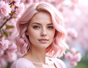 Fototapeta premium Beautiful woman with pink hair surrounded by cherry blossoms in spring