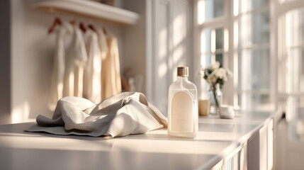 A bottle of laundry detergent on a counter with fabric and flowers, ready to be cleaned.