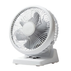 compact white table fan with circular design, providing refreshing breeze for indoor spaces. Ideal for home or office use, it enhances comfort during warm days