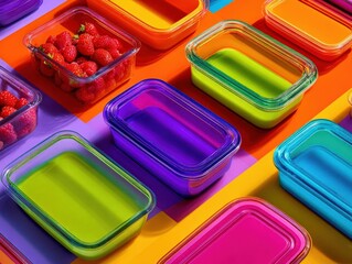 Vivid top-down shot of vibrant meal-prep containers, arranged like abstract art