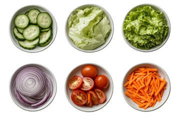 Fresh Ingredients Showcase: Overhead shot reveals six bowls filled with vibrant, fresh vegetables and a meticulous attention to detail.