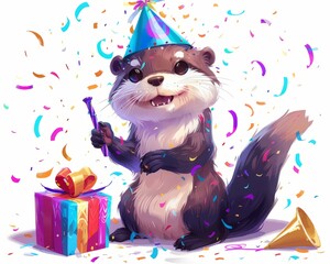  Festive Otter Wearing a Party Hat with a Wrapped Gift and Confetti