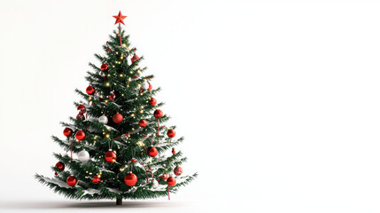 Fototapeta premium Beautifully decorated Christmas tree with red and white ornaments, twinkling lights, and star on top, creating festive atmosphere