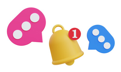 Social media communication concept, bell notification, social network and messenger chat box, creative design icons, 3D illustration.