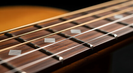 Close-up view of a guitar fretboard showcasing detailed craftsmanship and design