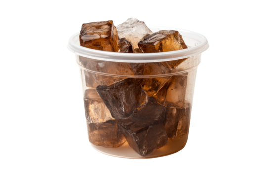 Refreshing drink with Ice Cubes: A clear plastic cup, filled with iced refreshing drink. The contrast between the coldness of the ice cubes and the drink.