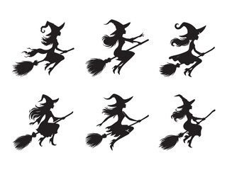 Flying Witch Silhouette Set Halloween Vector Illustration