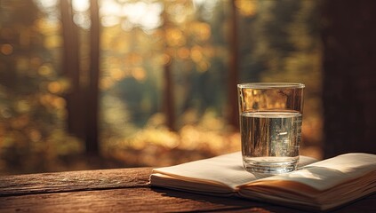 Glass of water on open book, autumn forest background