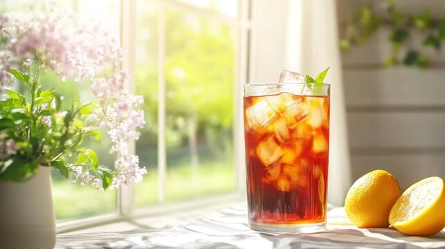 Iced tea in a glass by a window, with flowers and lemon slices. Sunlight streams in