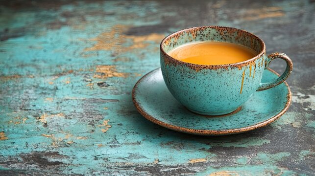 A teal ceramic teacup filled with golden tea sits on a rustic table