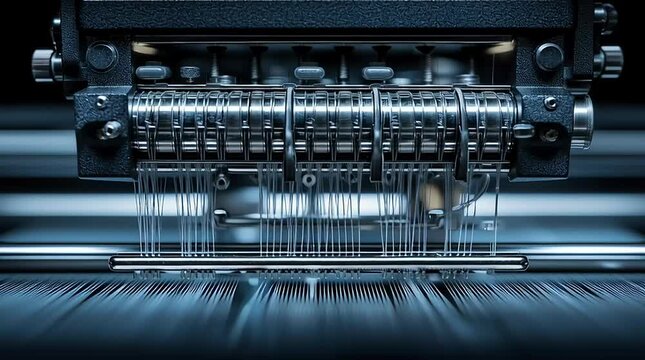 Close-up of modern textile weaving machine in operation, showcasing precision technology in fabric manufacturing