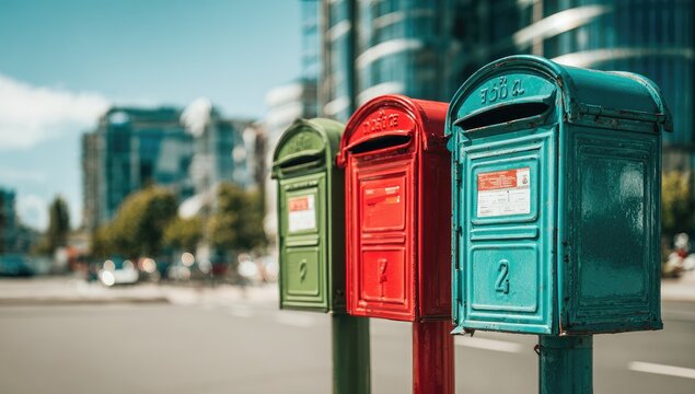 Colorful mailboxes line city street