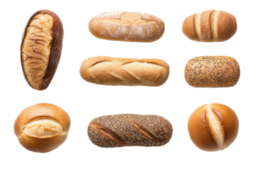 Assortment of Artisan Breads: An overhead view presents a diverse collection of freshly baked artisan bread, each exhibiting unique textures and crusts.