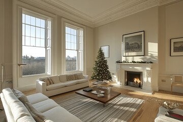 Fototapeta premium Elegant Living Room with Christmas Tree and City View